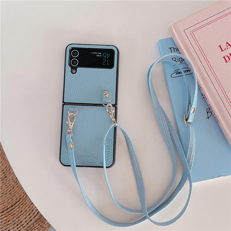 Luxury Crossbody Lychee Mönster Vogue Phone Case för Samsung Galaxy Folding Z Flip3 Flip4 Flip5 5G Hållbar justerbar Lanyard Solid Leather Fold Shell Suffsäker