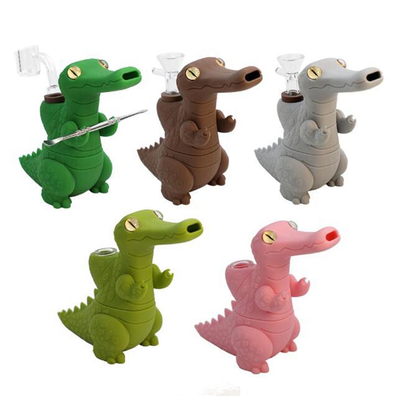 Forme de dinosaure Coloré Fumer Silicone Bong Pipes Kit Portable Voyage Bubbler Herbe Tabac Nineholes Filtre Cuillère Quartz Bol Plates-formes pétrolières Waterpipe Dabber Holder