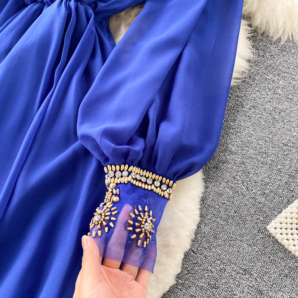 Basic Casual Dresses 2023 Summer Fashion Bohemain Diamonds Beading Embroidery Dress Women's Chiffon O Neck Long Lantern Sleeve Loose Party Maxi Vestido