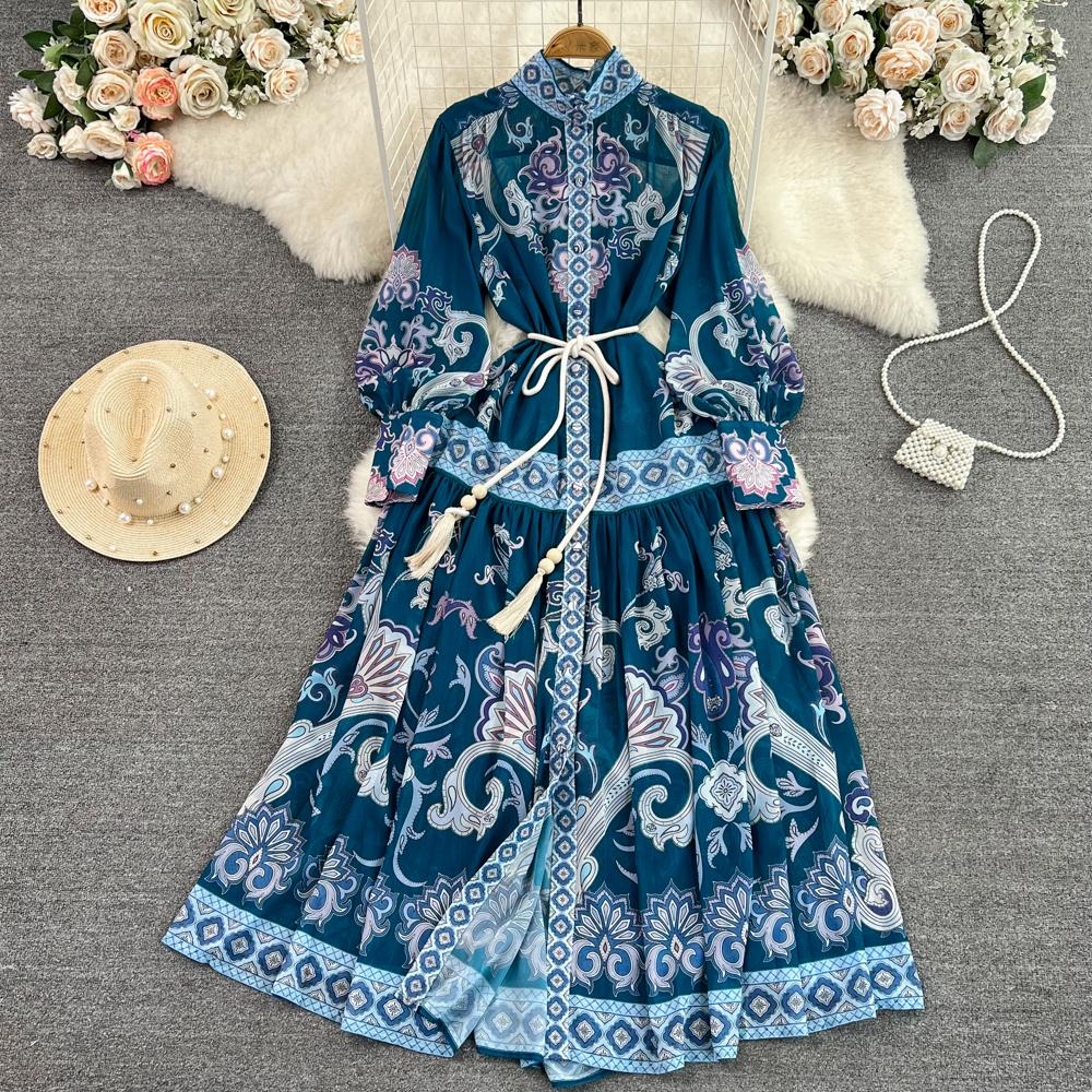 Basic Casual Dresses 2023 Summer Fashion Runway Elegant Chiffon Maxi Dress Women Stand Collar Long Sleeve Print Boho Holiday Party Long Dress