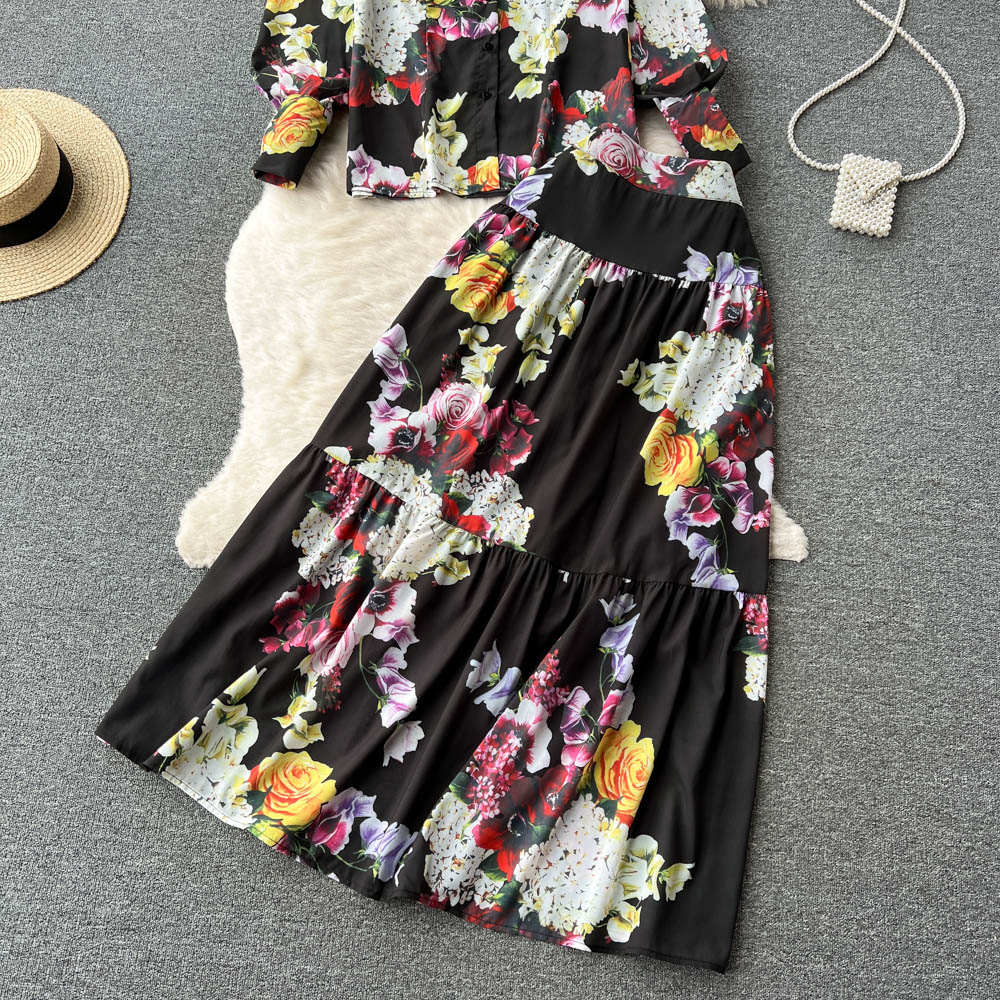 Two Piece Dress Summer Fashion Flower Print Two Piece Sets Women Long Sleeve Single Breasted Rose Shirt Top + Chiffon High Waist Maxi Skirt Suit 2023