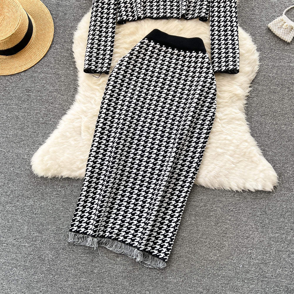 Vestido de duas peças elegante malha Houndstooth conjunto de duas peças vintage diamantes laço curto cardigã suéter + borlas split midi saia terno 2023