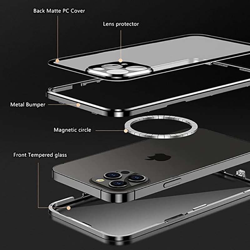 الحالة المغناطيسية المعدنية المضادة للبلايا لـ iPhone 15 14 13 12 11 Pro Max بالإضافة إلى حماية العدسة مزدوجة القفل الزجاجي الصد