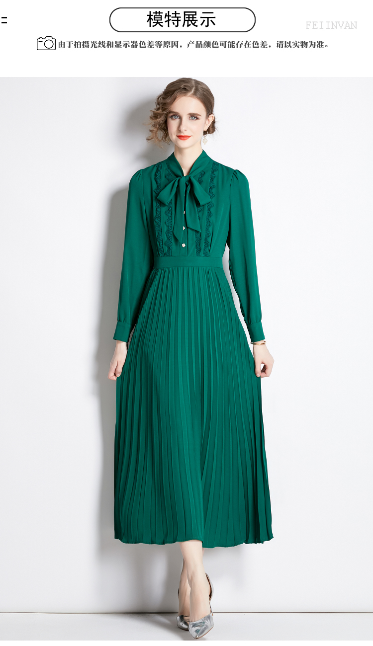 Abiti casual di base 2023 New Spring Runway Ruffles Abito elegante in pizzo Collo con fiocco da donna Manica lunga Stampa floreale Verde Maxi Abiti pieghettati