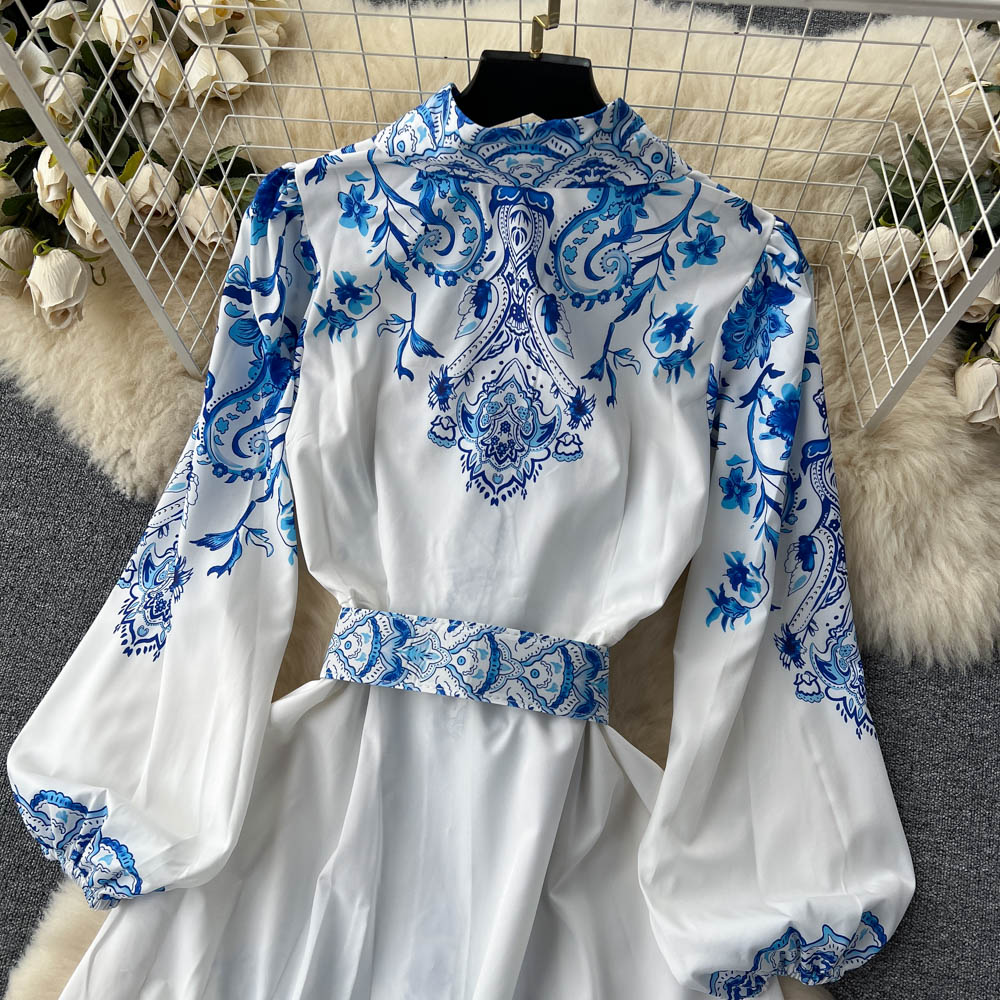 Robes décontractées basiques été automne femmes robe col rabattu manches bouffantes simple boutonnage ceinture bleu imprimé Vintage longue robe mode piste 2023