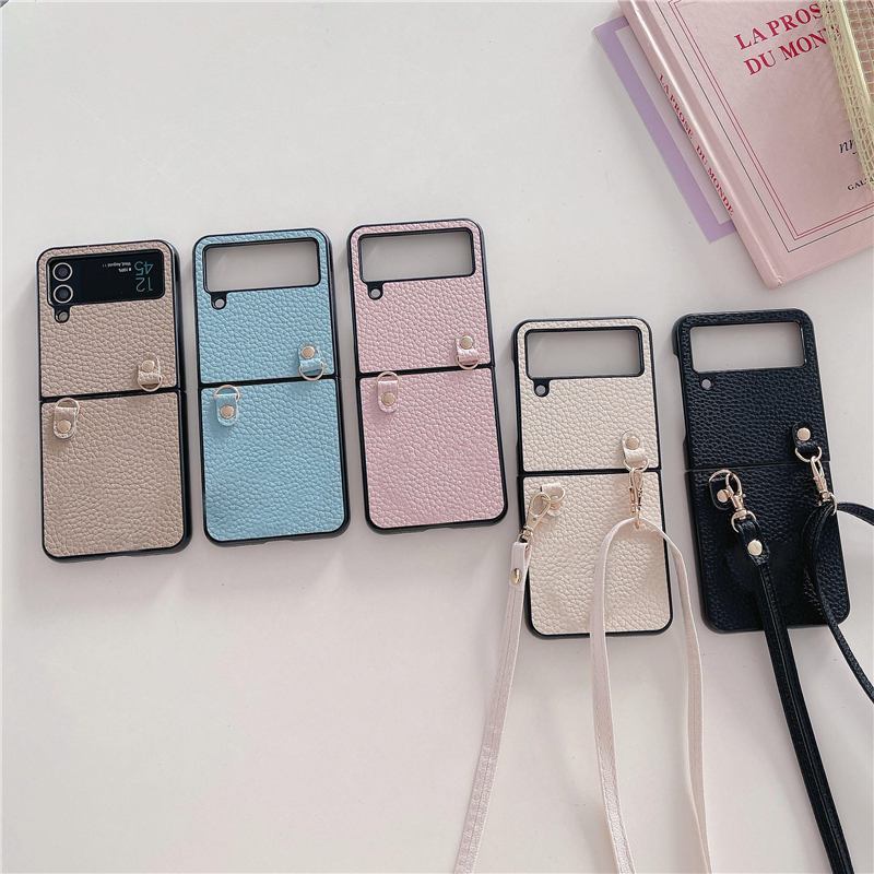 Luxury Crossbody Lychee Mönster Vogue Phone Case för Samsung Galaxy Folding Z Flip3 Flip4 Flip5 5G Hållbar justerbar Lanyard Solid Leather Fold Shell Suffsäker