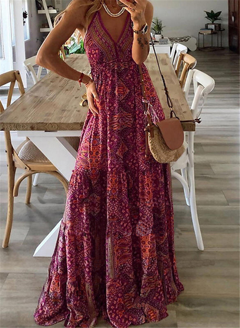 2023 Style bohème nouvelle jupe licou taille haute col en v imprimé robe florale robe pour femmes