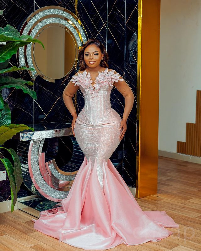 2023 Aso Ebi Pink Mermaid Prom Dress Satin Sheer Neck Evening Formal Party Second Reception Birthday Engagement Gowns Dresses Robe De Soiree ZJ762