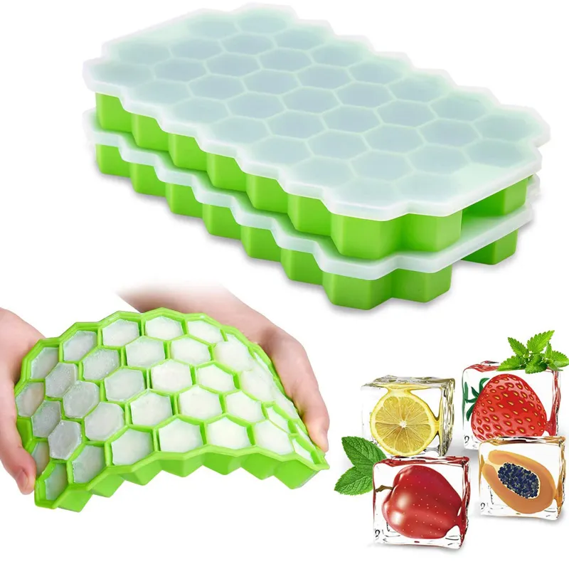 Bandejas de cubos de gelo em favo de mel com tampas removíveis Gel de sílica Gelados Cubos Molde BPA Modelo de silicone caseiro Gelado DIY