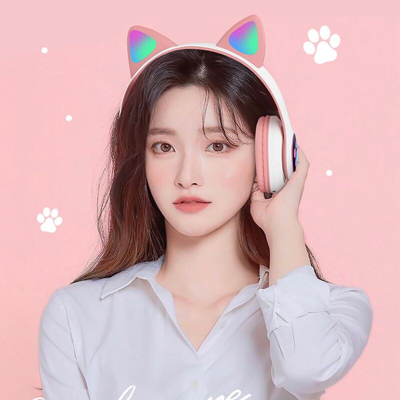 flash light cute cat ears wireless headphone with mic control led girl stereo music helmet phone bluetooth-compatible headset