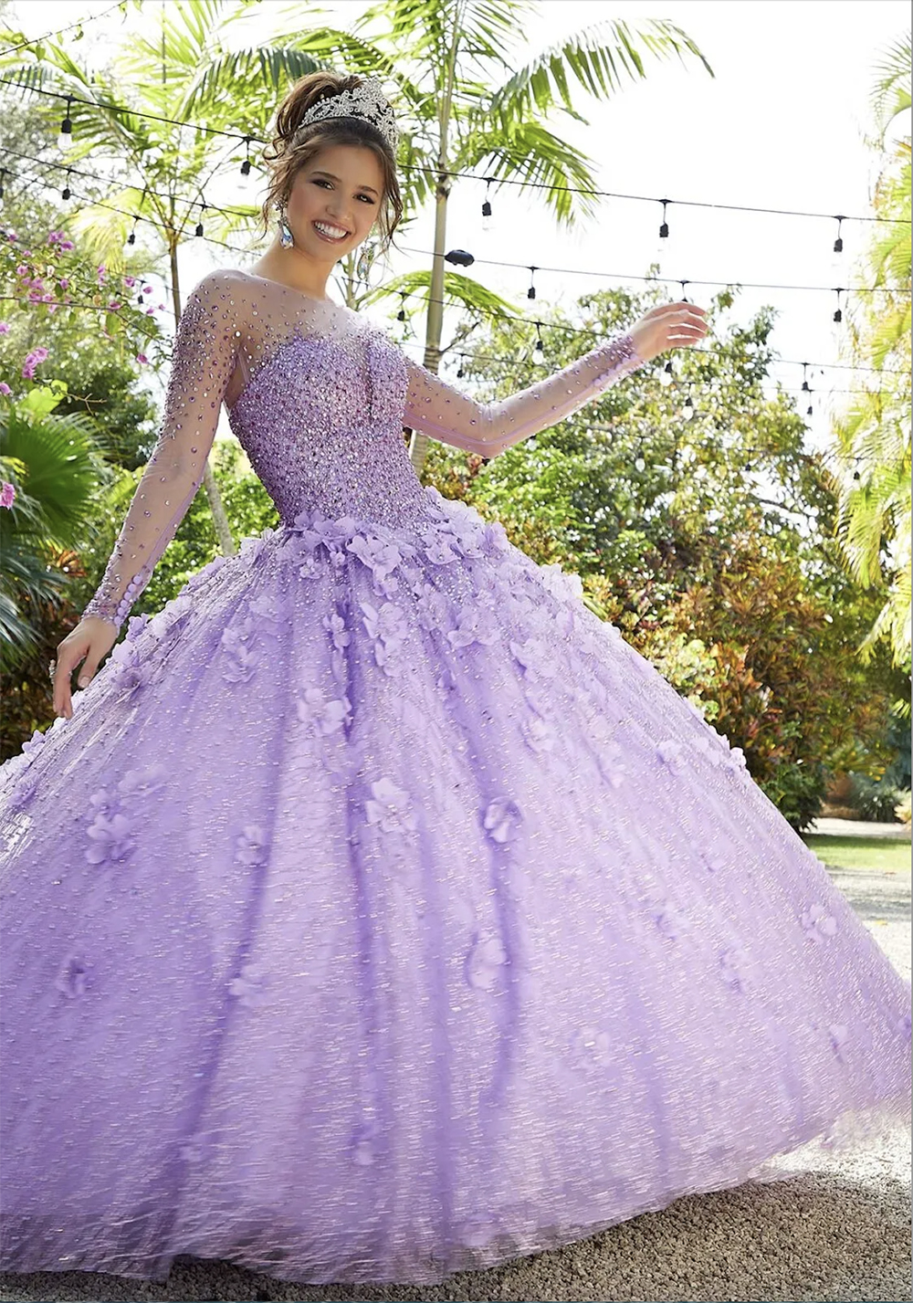 Sparkly Lilac Quinceanera Dresses 2023 Long Sleeve Lace 3D Flowers Sequins Beads Rhinestone Princess Party Sweet 15 Ball Gown Dress Vestidos De 16 Anos Brithday