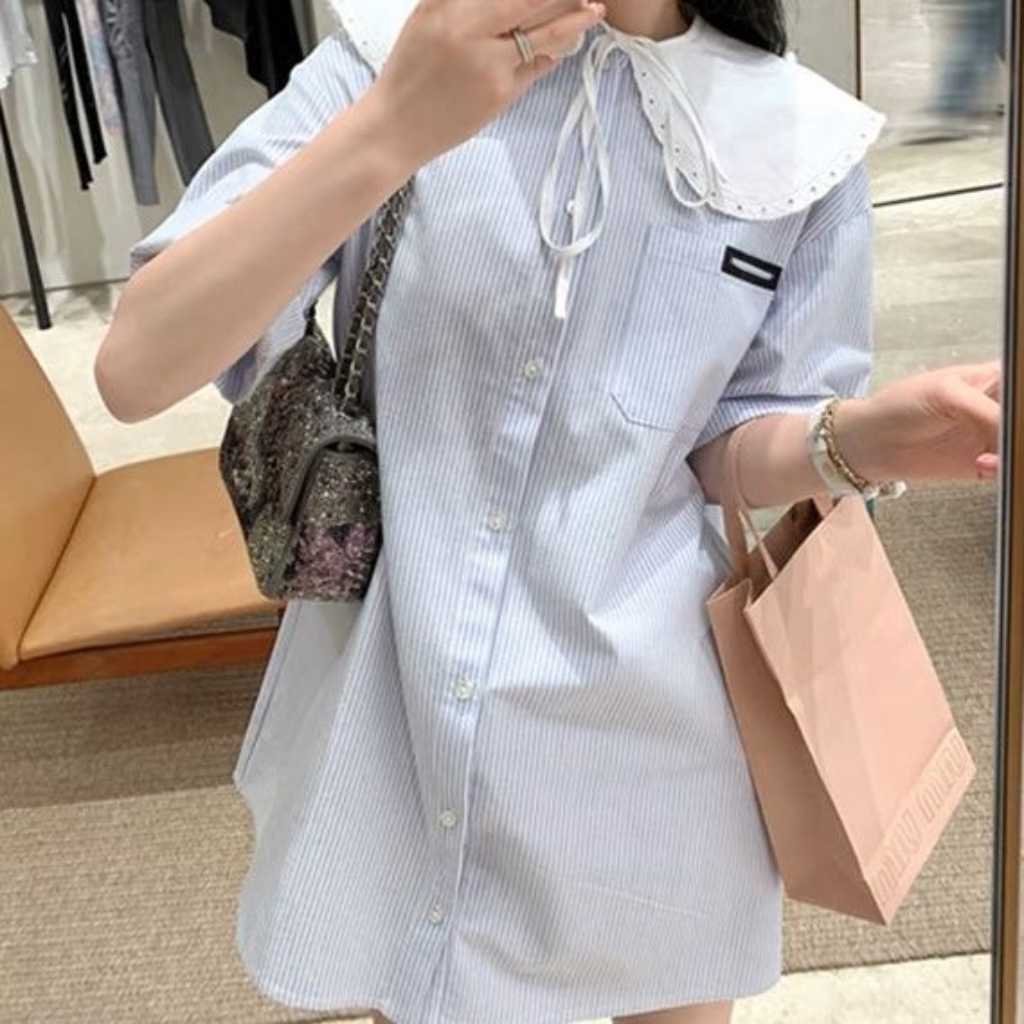 Summer ladies ruffled collar striped shirt casual loose dress, nylon fabric comfortable not shrink, doll collar age reduction casual fashion.