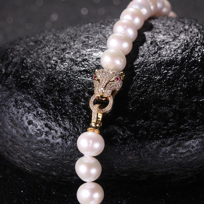 Handknoopte ketting 9-10 mm Wit roze Paarse Zwart Zwart Parel Pearl Micro Inlay Zirkoon Luipaard Kop Buckle Accessoires Ketting Lang 55 cm