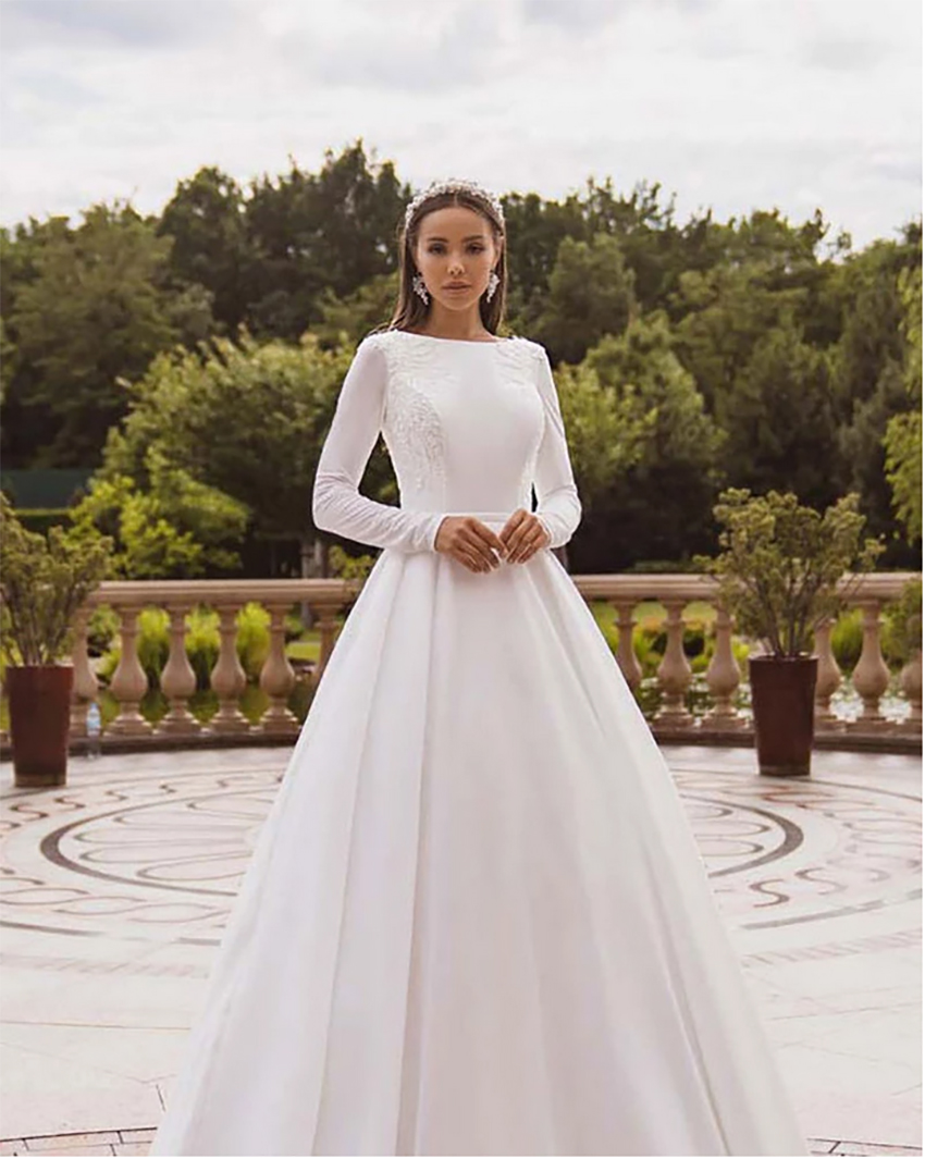 Vestidos de Noiva de Cetim Elegante Manga Longa Renda Vestido de Noiva Muçulmano Vestido de Noiva Coberto nas Costas 2023