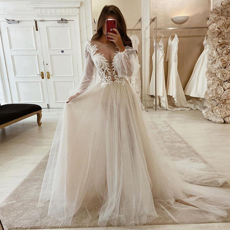 Spetsbröllopsklänningar 2023 Long Puff Sleeve Applicants En linje Brudklänning Princess Wedding Gown Long Puff Sleeve Robe de Mariee