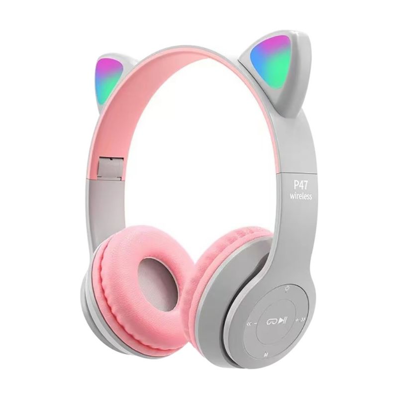 Bonitos auriculares compatibles con bluetooth con orejas de gato y auriculares inalámbricos led para niños y niñas, auriculares deportivos plegables estéreo con micrófono