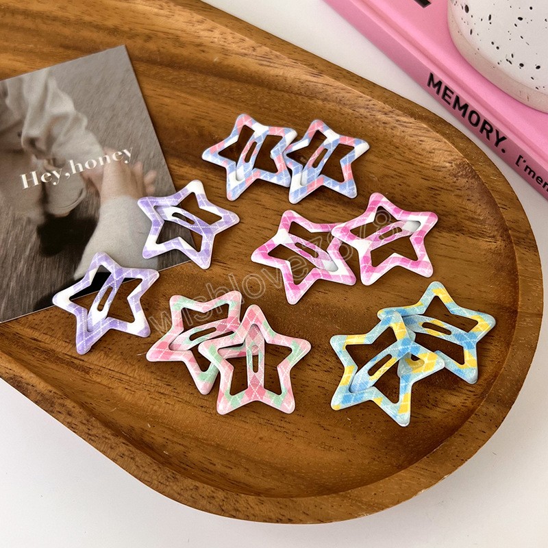 Candy Color Checked Pentagram BB Clip Metal Geometric Barrettes for Women Girls Sweet Bangs Side Clip Hairpin Hair Accessories