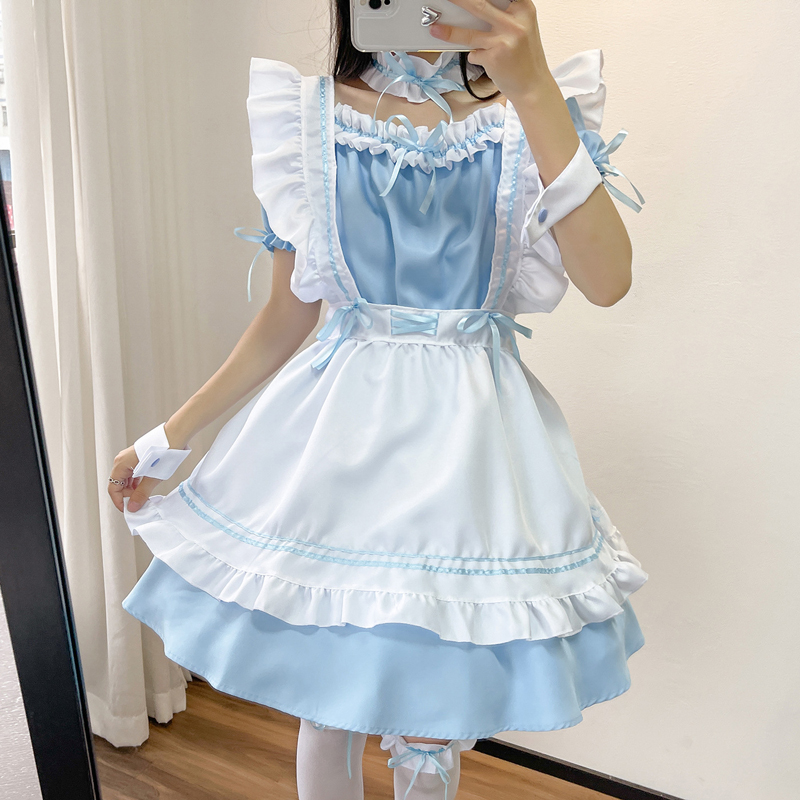 Anime French Maid Apron Lolita Fancy Dress Cosplay Costume Furry Cat Ear Gloves Socks