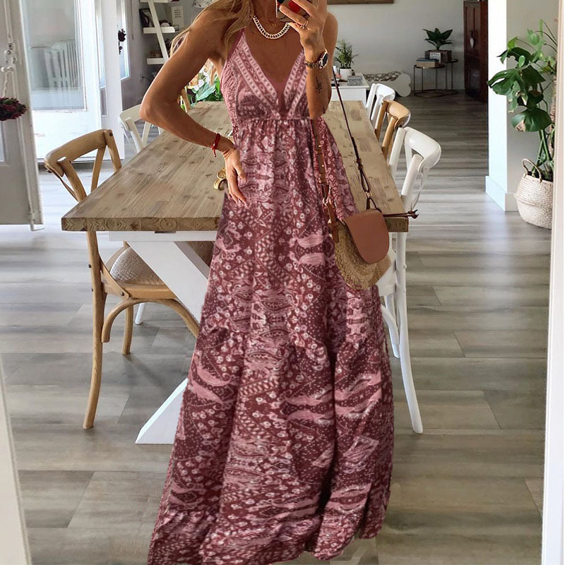 2023 Style bohème nouvelle jupe licou taille haute col en v imprimé robe florale robe pour femmes