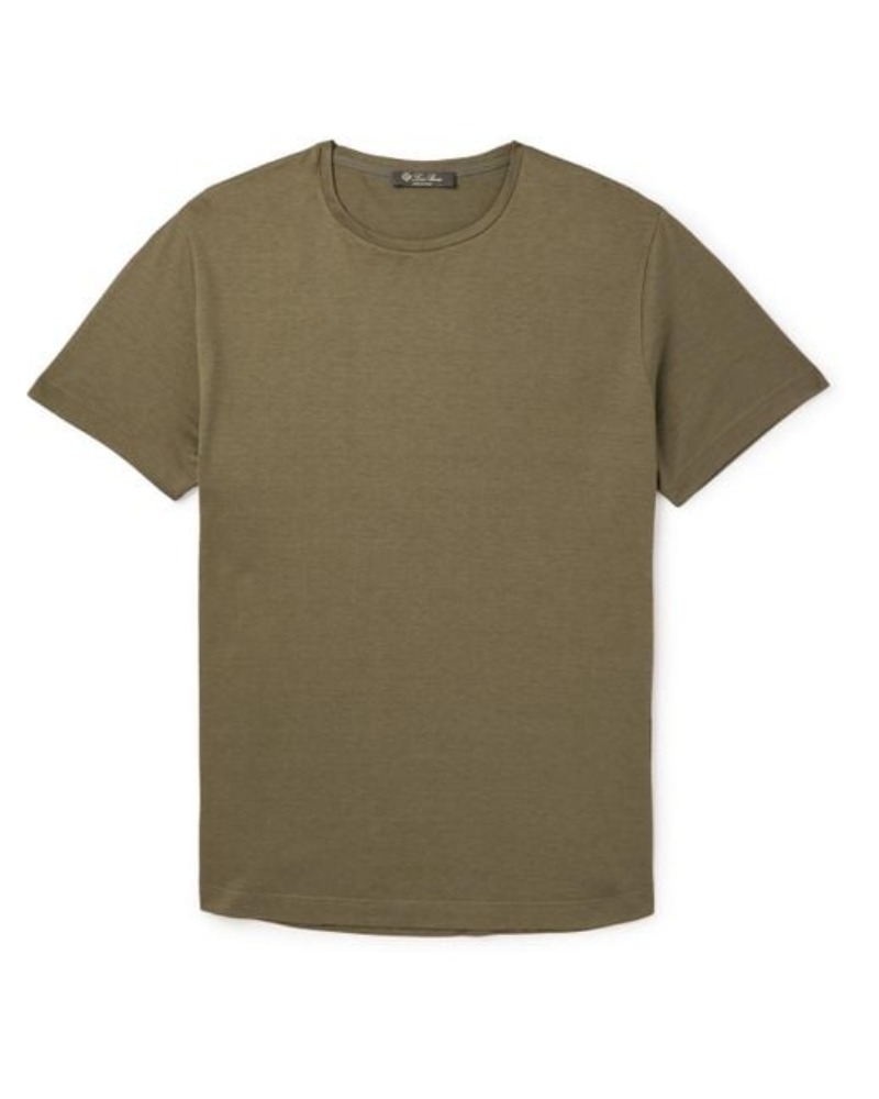 Designer Men T-shirt Loro Piano Mens Green Slim-Fit Silk and Cotton-Blend Jersey T-shirt Sleeves Shirts Tops Summer Tshirts Piana