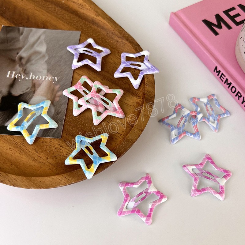 Candy Color Checked Pentagram BB Clip Metal Geometric Barrettes for Women Girls Sweet Bangs Side Clip Hairpin Hair Accessories