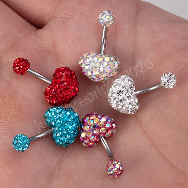 Rhinestone Heart Belly Button Ring Dercing Belly Belly Stud Stail Stail Steel Bar Ombligo Bar for Women Sexy Body Jewelry