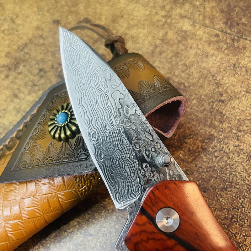 R1699 av toppkvalitet R1699 Flipper fällkniv VG10 Damascus stål Drop Point Blade Rosewood Handle Boll Bearing Fast Open EDC Pocket Knives With Leather Mante