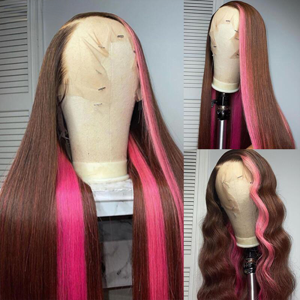 36 inch Bruin Roze Haarkant Hoogtepunt Simulatie Menselijk Haar Pruiken Voor Vrouwen Gekleurde Braziliaanse Body Wave HD Kant Frontale Pruik