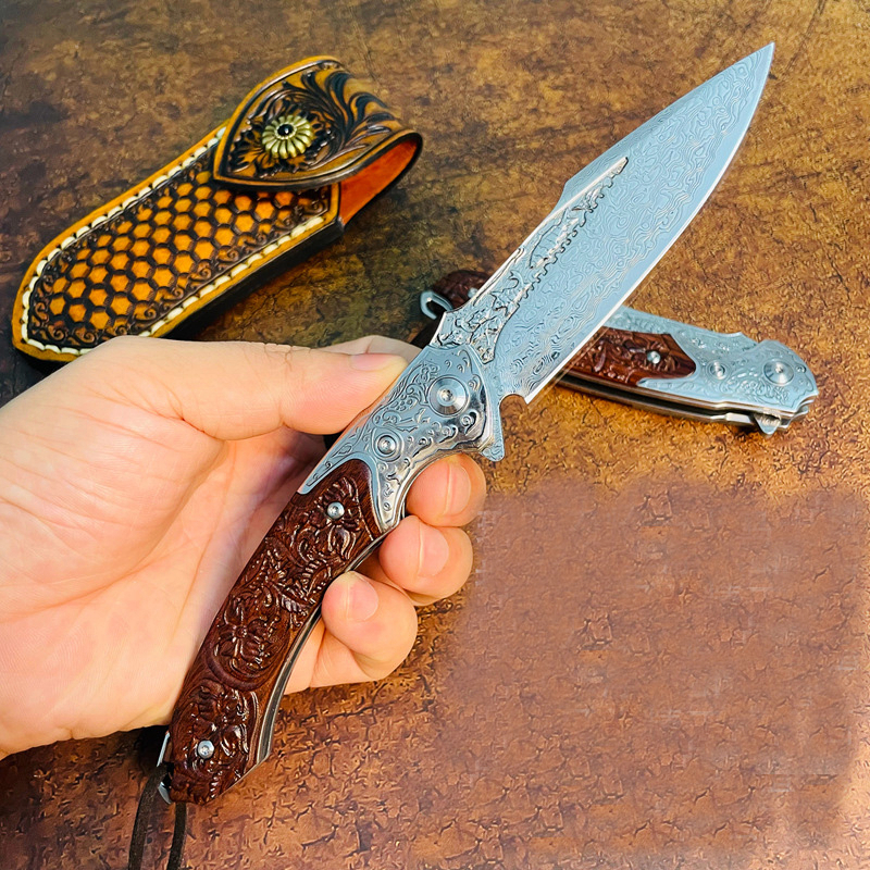 Top Kwaliteit R1694 Flipper Zakmes VG10 Damascus Staal Drop Point Blade Desert Ironwood Handvat Kogellager Snel Open EDC Zakmessen met Lederen Schede