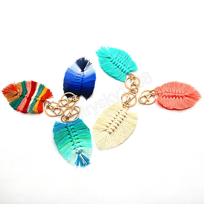 Hand-Woven Keychain Macrame Feather Leaf Shaped Tassel Bag Pendant Accessories Bohemian Keyring Car Key Holder Summer Trinket