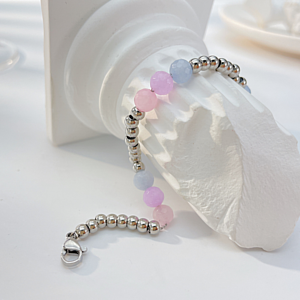 Braccialetto a catena con perline a sfera in acciaio inossidabile Moda estiva Gioielli semplici in pietra naturale regali ragazze da donna 16 cm + 5,5 cm