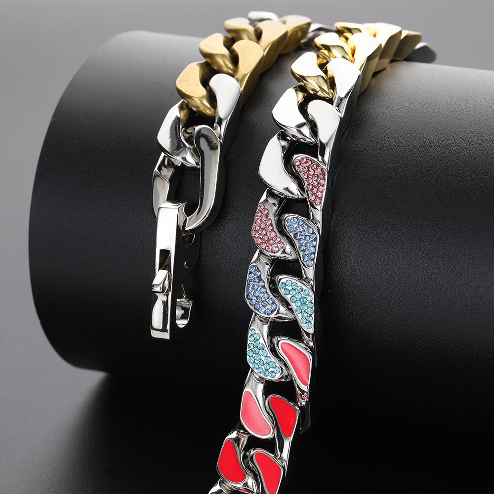 12mm Hip Hop Stainless Steel Cuban Link Chain Colorful Zircon Cool Men no Fade