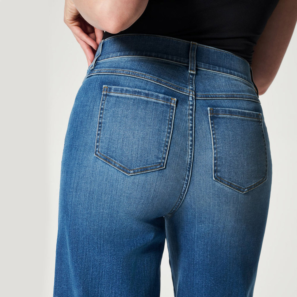 Kvinnor sömnade breda ben jeans elastiska midja stretch denim flare jeans hög midja