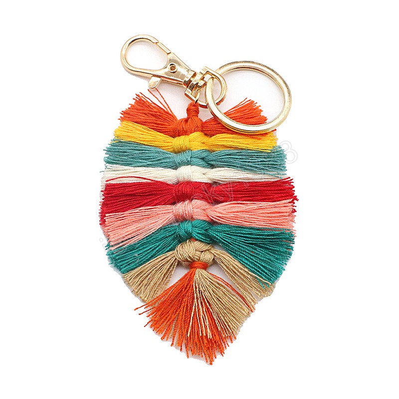 Hand-Woven Keychain Macrame Feather Leaf Shaped Tassel Bag Pendant Accessories Bohemian Keyring Car Key Holder Summer Trinket