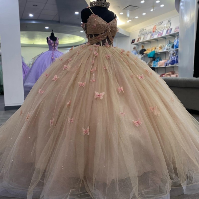 Champanhe lindo quinceanera vestidos para 15 anos 2024 vestido de baile sexy decote em v cinta de espaguete com arco para vestido de festa de menina