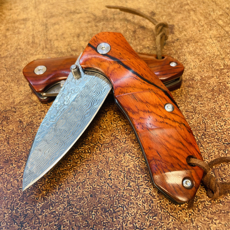 R1699 av toppkvalitet R1699 Flipper fällkniv VG10 Damascus stål Drop Point Blade Rosewood Handle Boll Bearing Fast Open EDC Pocket Knives With Leather Mante