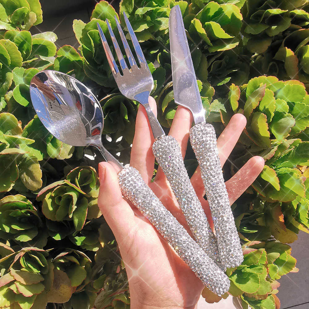 Conjunto de talheres 3 peças conjunto de talheres de aço inoxidável talheres ocidentais ic conjunto de jantar faca garfo manual mosaico strass L230704