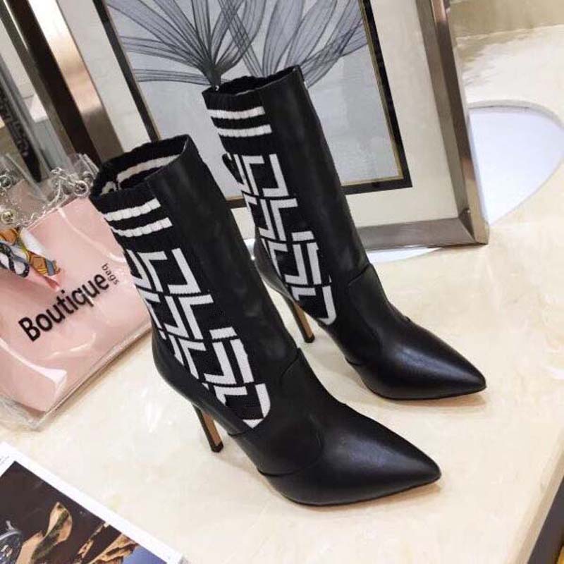 Designer boots Letter Knitted Mid Sleeve Short Boots Spring and Autumn Fine Heel High Heel Cowhide Boots Pointed Head Slim Leg Elastic Boots for Women 16