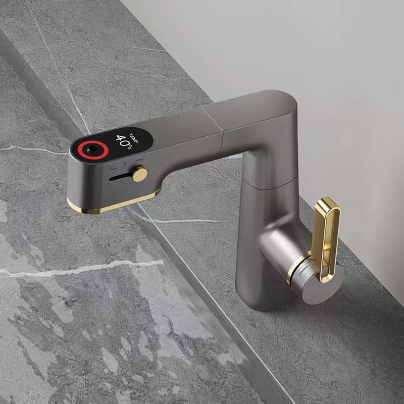 Intelligent Digital Display LED Basin Faucet Pull Out Elevate Rotation Water Mixer Sink Tap Bathroom Washbasin Vanity Faucet