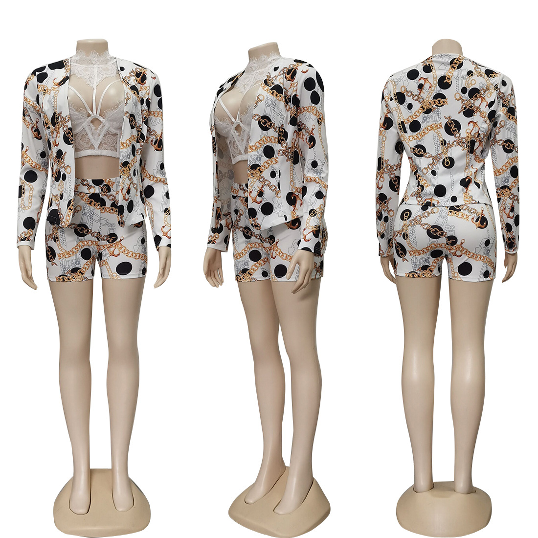 Women's Fashion Chain Print Suit Collar + Shorts Set