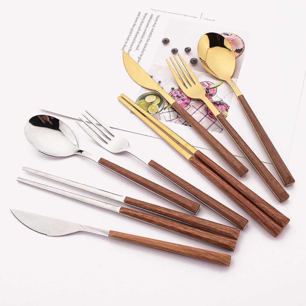 Cutlery Chopsticks 4/12/Spoon Set Wooden Tableware Imitation Set Handle Luxury Set Fork Korean Knife Silver Dinnerware L230704