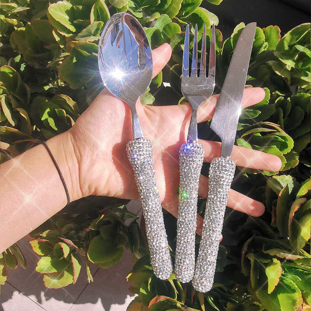 Conjunto de talheres 3 peças conjunto de talheres de aço inoxidável talheres ocidentais ic conjunto de jantar faca garfo manual mosaico strass L230704