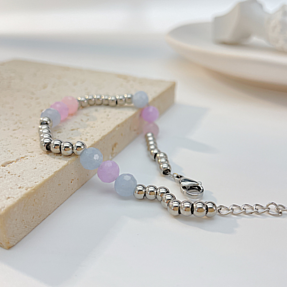 Pulseira de corrente com miçangas de aço inoxidável, moda de verão, joias simples de pedra natural para mulheres, meninas, presentes 16 cm + 5,5 cm