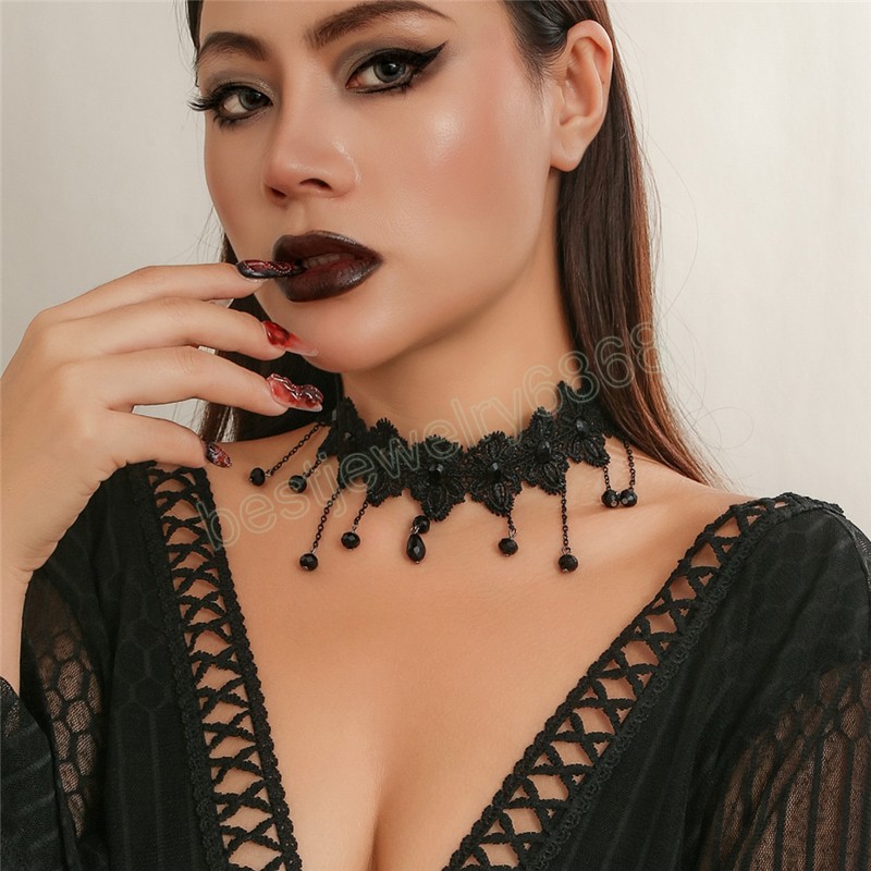 Colar de gargantilha com pingente de gota de água de renda preta para mulheres, moda vintage sexy, corrente de clavícula oca, joias de Halloween