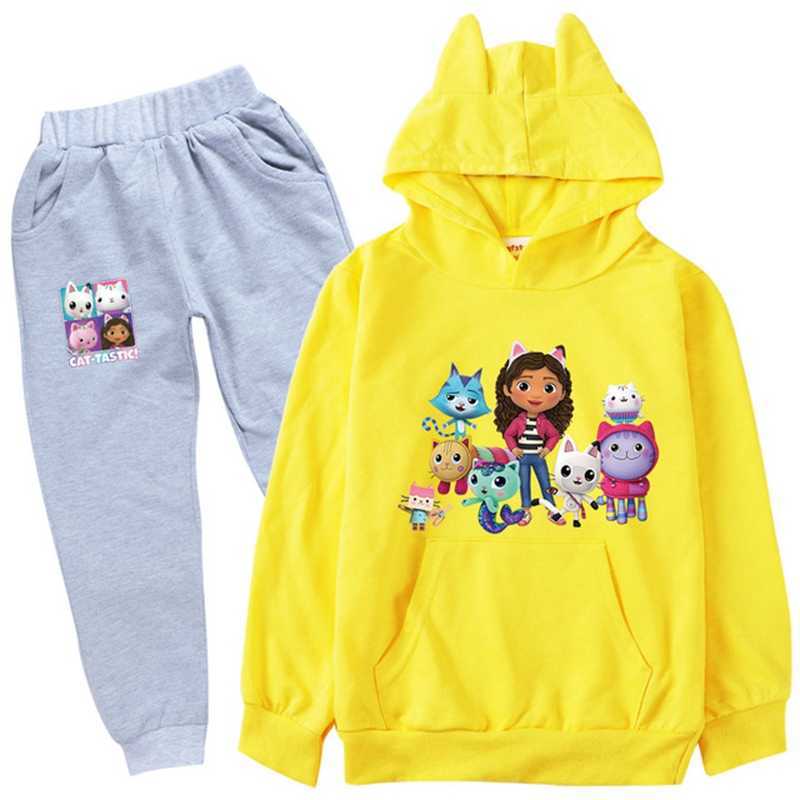 Spring/Autumn Tracksuit Gabbys Dollhouse Clothing Suit Child Pullover Hoodie Topps+Pants Set Anime Cat Kids Boy Girl Clothes L230625