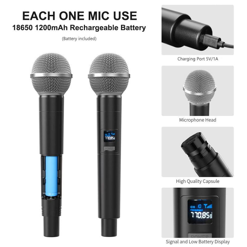 Kablosuz Mikrofon 1200mAh UHF Profesyonel Elde Taşınan Dinamik Mic Karaoke System Micphone Alıcı için Alıcı PA Sistemi