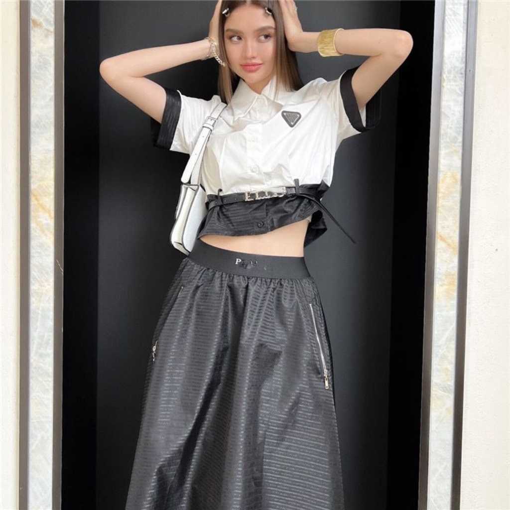 Summer ladies white high-waist shirt short sleeve plus black loose high-waist long skirt set skirt, short shirt short-sleeve plus belt slim, casual fashion.