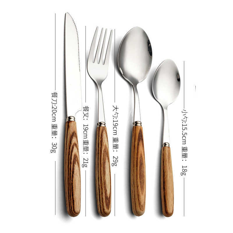 Set di stoviglie in argento Stoviglie in acciaio inossidabile Manico in legno Posate Coltello da bistecca Forchetta Cucchiaio Argenteria Lavabile in lavastoviglie L230704