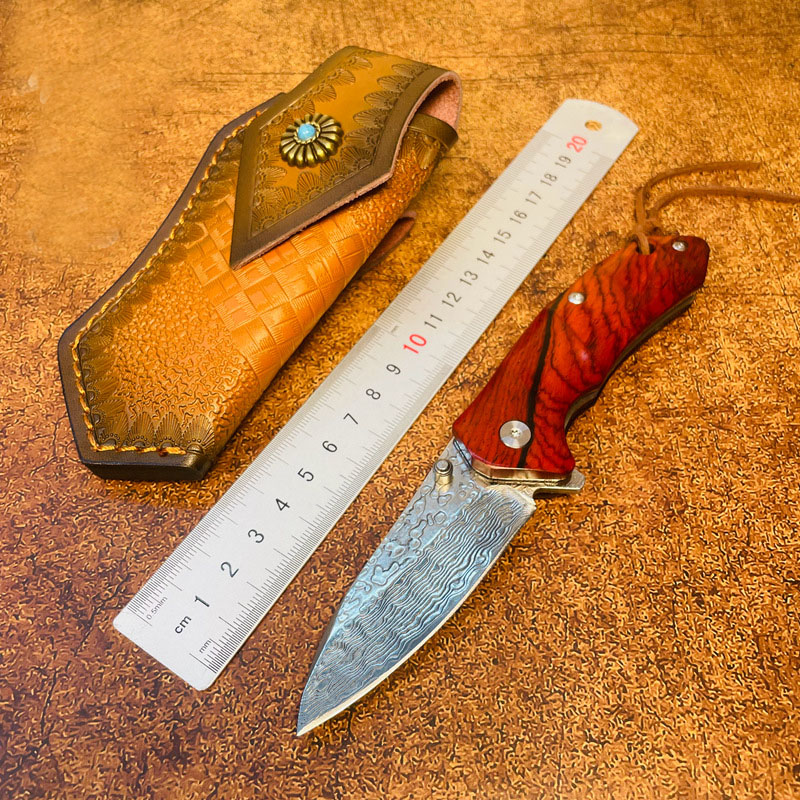 R1699 av toppkvalitet R1699 Flipper fällkniv VG10 Damascus stål Drop Point Blade Rosewood Handle Boll Bearing Fast Open EDC Pocket Knives With Leather Mante