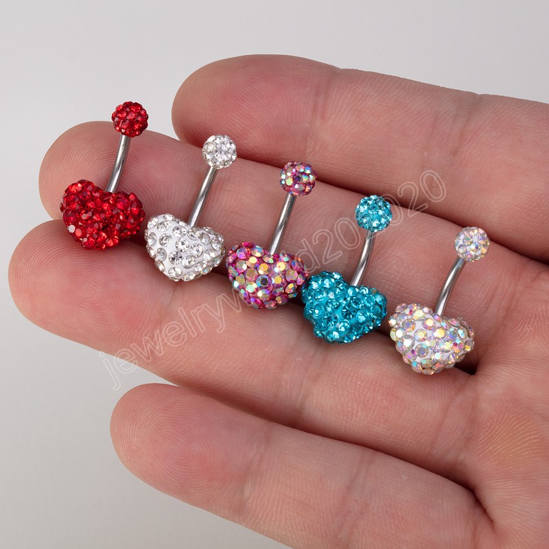 Rhinestone Heart Belly Button Ring Dercing Belly Belly Stud Stail Stail Steel Bar Ombligo Bar for Women Sexy Body Jewelry